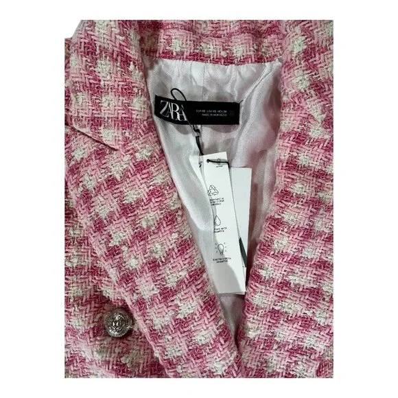 Gorgeous NEW Zara pink tweed blazer jacket | Zara work career blazer size XS - Picture 7 of 11